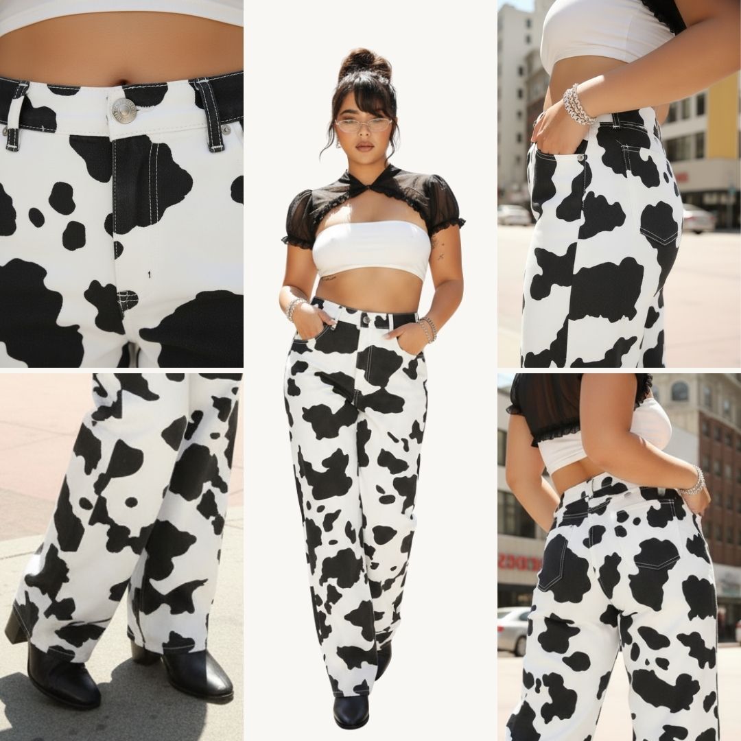 Pantalón Oversize Animal Print Vaca en Denim de Algodón