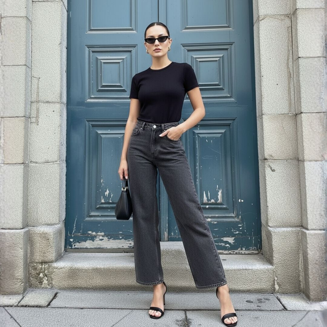 Jean Gris Tiro Alto Bota Ancha para Dama