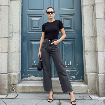 Jean Gris Tiro Alto Bota Ancha para Dama