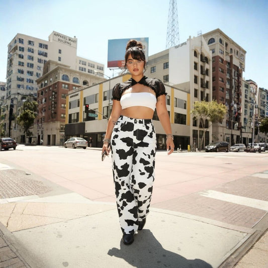 Pantalón Oversize Animal Print Vaca en Denim de Algodón