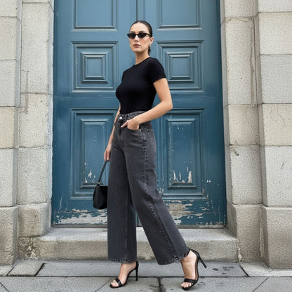 Jean Gris Tiro Alto Bota Ancha para Dama