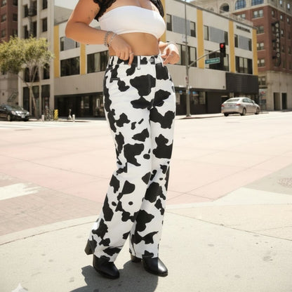 Pantalón Oversize Animal Print Vaca en Denim de Algodón